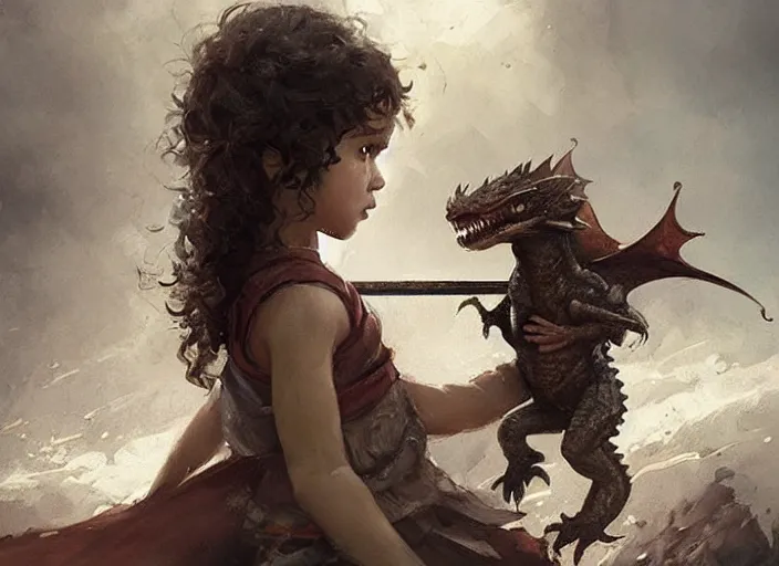 Prompt: a cute little girl with curly brown hair holding a sword faces off against a baby dragon, beautiful fantasy art by greg rutkowski.