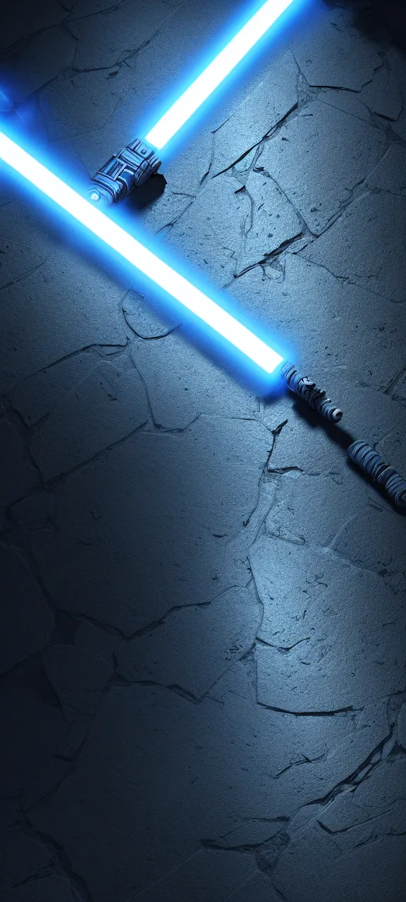 Image similar to detailed cinematic render, of a blue cyberpunk lightsaber lying vertically on a detailed abandoned shrine floor, in a dark room, photo from above, octane render 8 k, digital art, lightsaber wallpaper 4 k, ray tracing, jedi fallen order lightsaber wallpaper 4 k, cal kestis lightsaber wallpaper