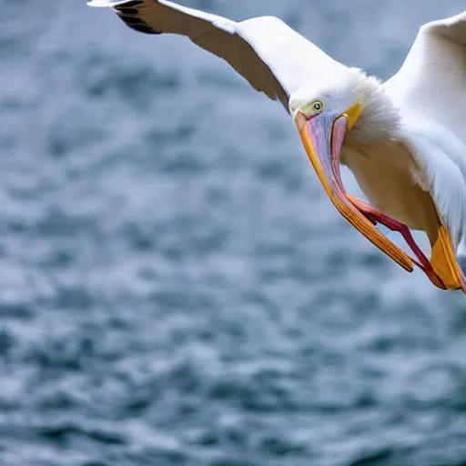 Image similar to awardwinning nature photography portrait of a white pelican in full flight above the ocean as seen from below. extremely highly detailed beak