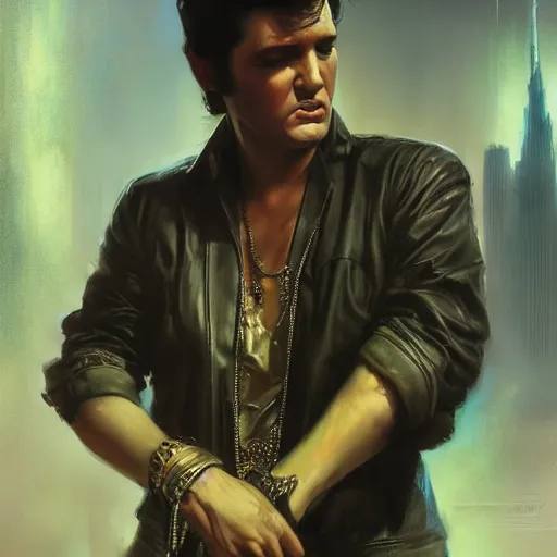 Image similar to elvis presley, hyperrealistic portrait, bladerunner street, art of elysium by frank frazetta and jeremy mann and alphonse mucha, fantasy art, photo realistic, dynamic lighting, artstation, poster, volumetric lighting, very detailed face, 4 k, award winning