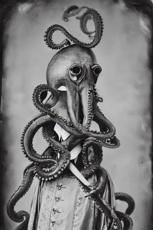 Image similar to a wet plate photo of an anthropomorphic octopus dressed as pope