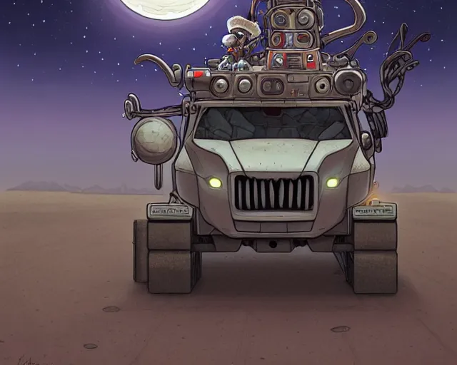 Image similar to a cell shaded cartoon grey lovecraftian mechanized santa + deer robot, with a big head, on a desert road, wide shot, in front of a big moon, muted colors, post grunge, josan gonzales, wlop, by james jean, victor ngai, hq, deviantart, art by artgem