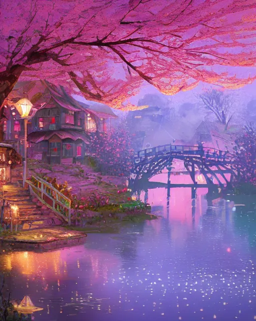 Image similar to a magical vintage village on the river | cherry - blossoms | highly detailed | very intricate | serene romantic fantasy whimsical magical | professional cinematic lighting | bokeh | dusk | studio ghibli | award - winning | matte painting by anton fadeev and paul lehr and rhads and alena aenami | pastel color palette | featured on artstation