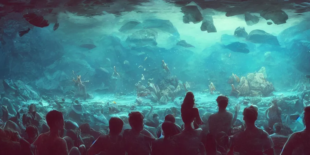 Image similar to underwater rock concert, realistic digital art 4 k, high quality, greg rutkowski, zabrocki, karlkka, jayison devadas, phuoc quan, trending on artstation, 8 k, ultra wide angle, zenith view, pincushion lens effect