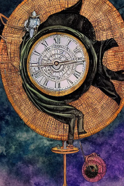 Prompt: wizard in the concentric clock prison,art by Teddy Harvia and Hidetaka Tenjin and Matt Fox,trending on artstation, foreign lighting rear view,Fantastic Planet ,tilt-shift ,closeup,still life ,watercolor painting,