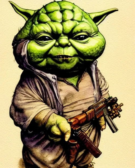 Image similar to a realistic and atmospheric watercolour fantasy character concept art portrait of a fat adorable dirty chibi yoda wearing a wife beater and holding a handgun, by rebecca guay, michael kaluta, charles vess and jean moebius giraud