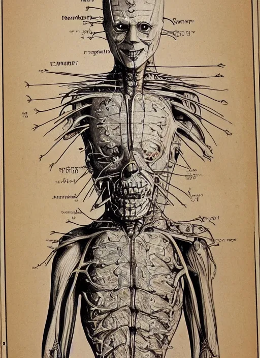 Image similar to vintage medical anatomical illustration of pinhead from hellraiser ( 1 9 8 6 ), highly detailed, labels, intricate writing