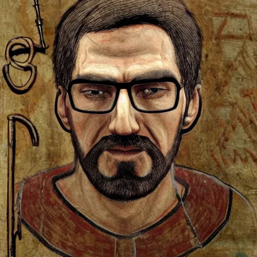 Image similar to ancient art work depicting gordon freeman, 8 k, very detailed, very intricate,