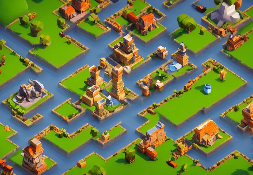 Image similar to isometric game level, style by clash of clans, beautiful lighting, unreal engine, artstation