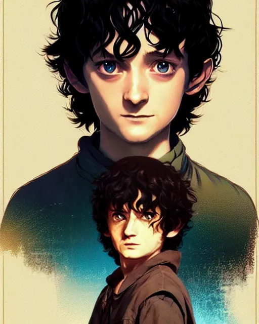 Image similar to poster Anime playing Frodo Frodo || cute-fine-face, pretty face, realistic shaded Perfect face, fine details. Anime. realistic shaded lighting by Ilya Kuvshinov katsuhiro otomo ghost-in-the-shell, magali villeneuve, artgerm, Jeremy Lipkin and Michael Garmash and Rob Rey Elijah Wood