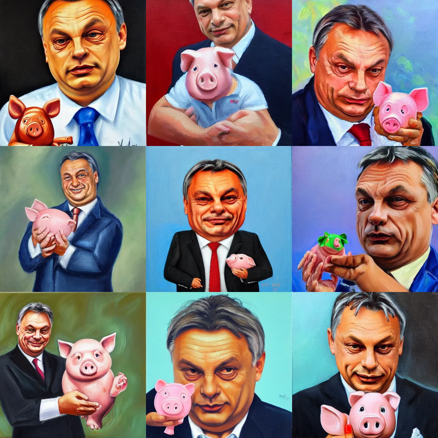 Prompt: viktor orban with highly detailed face holding a cute little piggy, oil painting