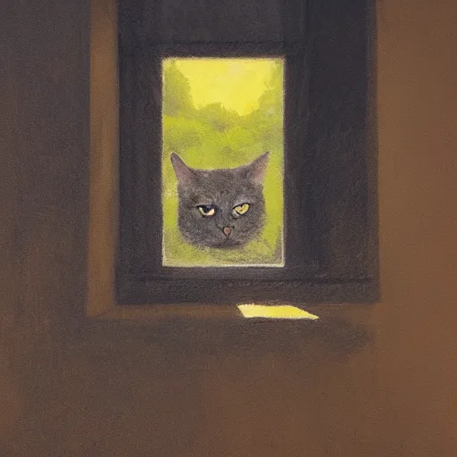 Prompt: giant cat with yellow eyes looking through a window at Jodie Marsh, Greg Rutkowski