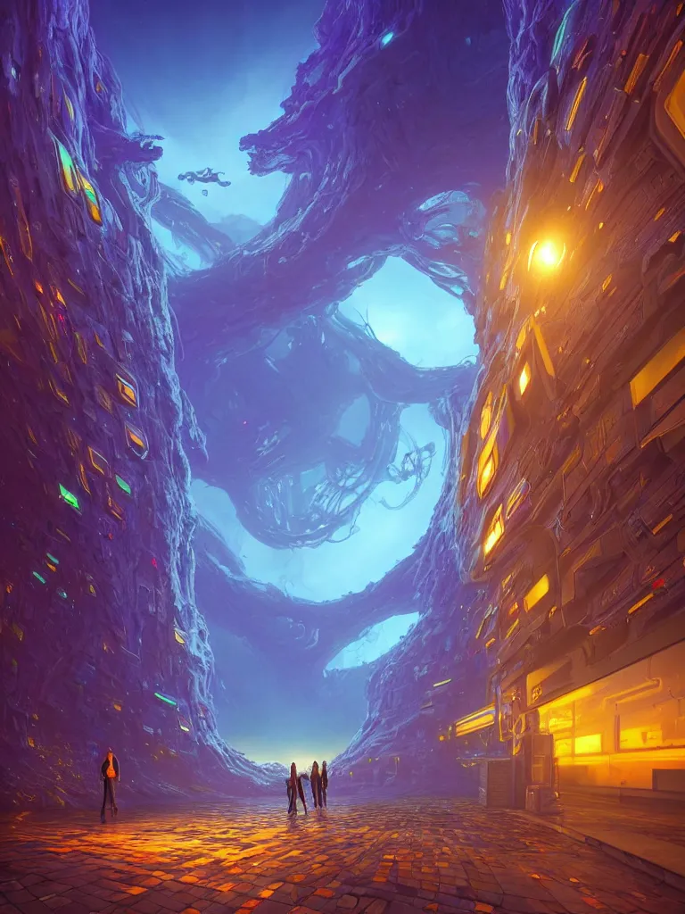 Image similar to entrance to ethereal realm, humans and robots, rendered in unreal engine, central composition, symmetrical composition, dreamy colorful cyberpunk colors, 6 point perspective, fantasy landscape with anthropomorphic!!! terrain!!! in the styles of igor morski, jim warren, and rob gonsalves, intricate, hyperrealistic, volumetric lighting, big sky, distinct horizon