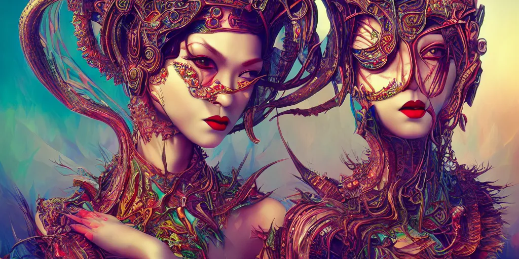 Image similar to giesha demon, innovative avant - garde art, deco fashion, asian women, highly detailed, photorealistic portrait by android jones, serene desert setting, crisp quality and light reflections, octane render, taror card with ornate border frame