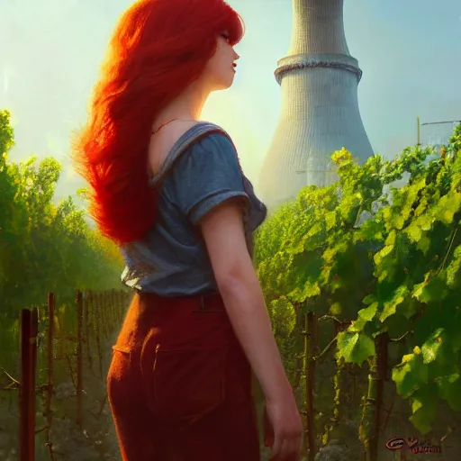 Prompt: red hair girl, chernobyl powerplant, disneyland castle, rubble, flowers, vines, hyperrealistic, highly detailed, cinematic, single ray of golden sunlight, beautiful, cgssociety, artstation, 8 k, oil painting by greg rutkowski, by artgerm, by wlop