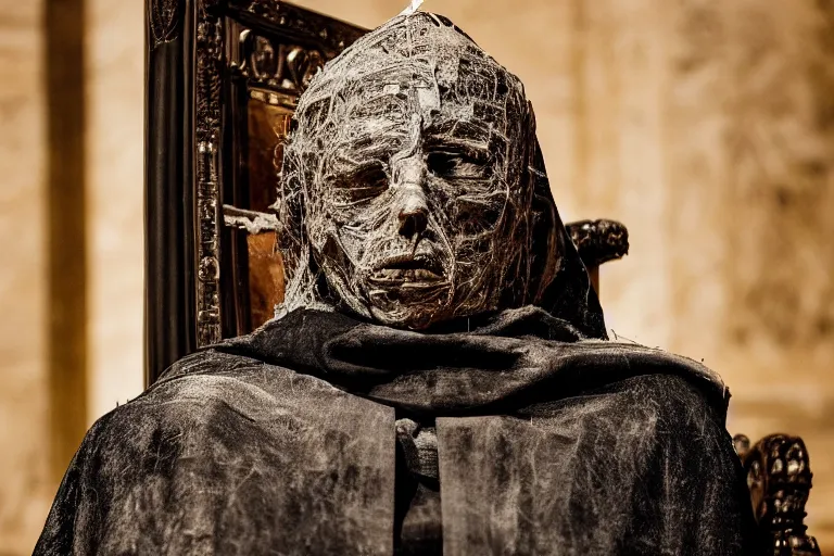 Image similar to mummified pope in his throne at the vatican, desiccated, close - up portrait, tall pontiff hat, mitre, dark, moody, black skin, ornate, hyper realistic, sharp focus, highly detailed, cinematic, dramatic lighting