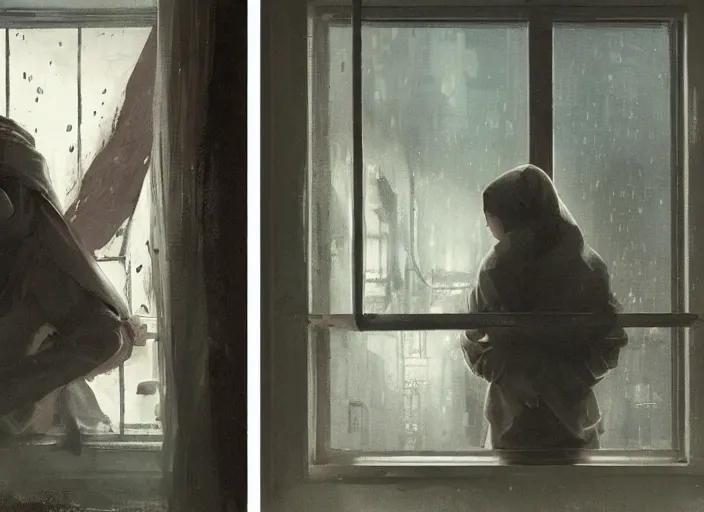 Prompt: sadie sink in hoodie sits on windowsill, knees tucked in | rain falls at night : storyboard, scifi cyberpunk. art by anders zorn, wonderful masterpiece by greg rutkowski, beautiful cinematic light, american romanticism by greg manchess, jessica rossier