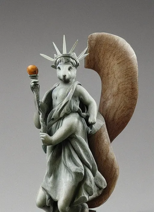 Image similar to A marble statue of a squirrel holding an acorn in the style of Statue of Liberty. museum photo