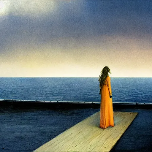 Prompt: atmospheric dreamscape painting of a woman on a pier on a stormy day, gazing out over the tormented waters by moebius and john harris, atmospheric blues, concept art, saturation 40