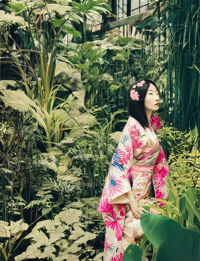 Prompt: photograph of a beautiful Japanese woman wearing a pretty kimono in a tropical greenhouse, by Annie Leibowitz, by Alessio Albi, extremely detailed, large format camera, Fuji Provia film, bokeh, blurred background, photorealistic, trending on instagram