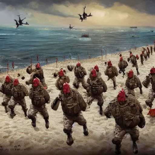 Prompt: chicken soldiers storming the beach d - day in normandy, hyperdetailed, artstation, cgsociety, 8 k