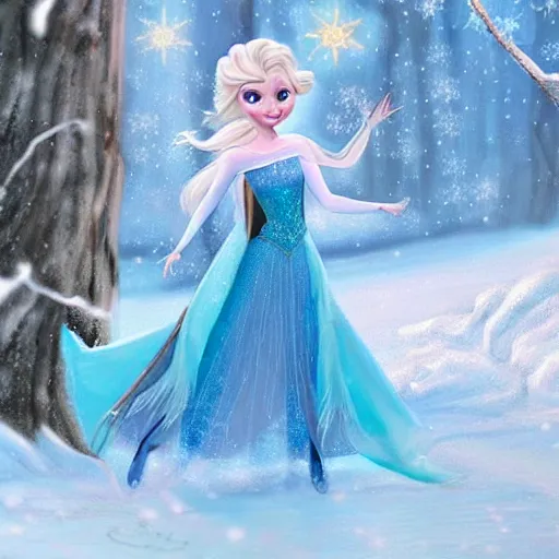 Image similar to Elsa from Frozen as real cute girl photorealistic style riding on snow unicorn