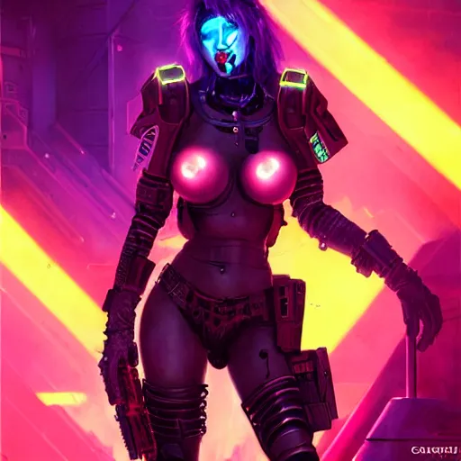 Prompt: a sexy cybergoth Doom Slayer, dystopian mood, vibrant colors, neon, sci-fi character portrait by gaston bussiere, craig mullins, curvy