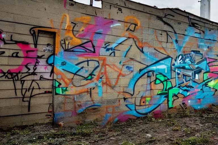 Prompt: A graffitied name on an abandoned warehouse building. Each letter of the name is filled with a different portal to another dimension