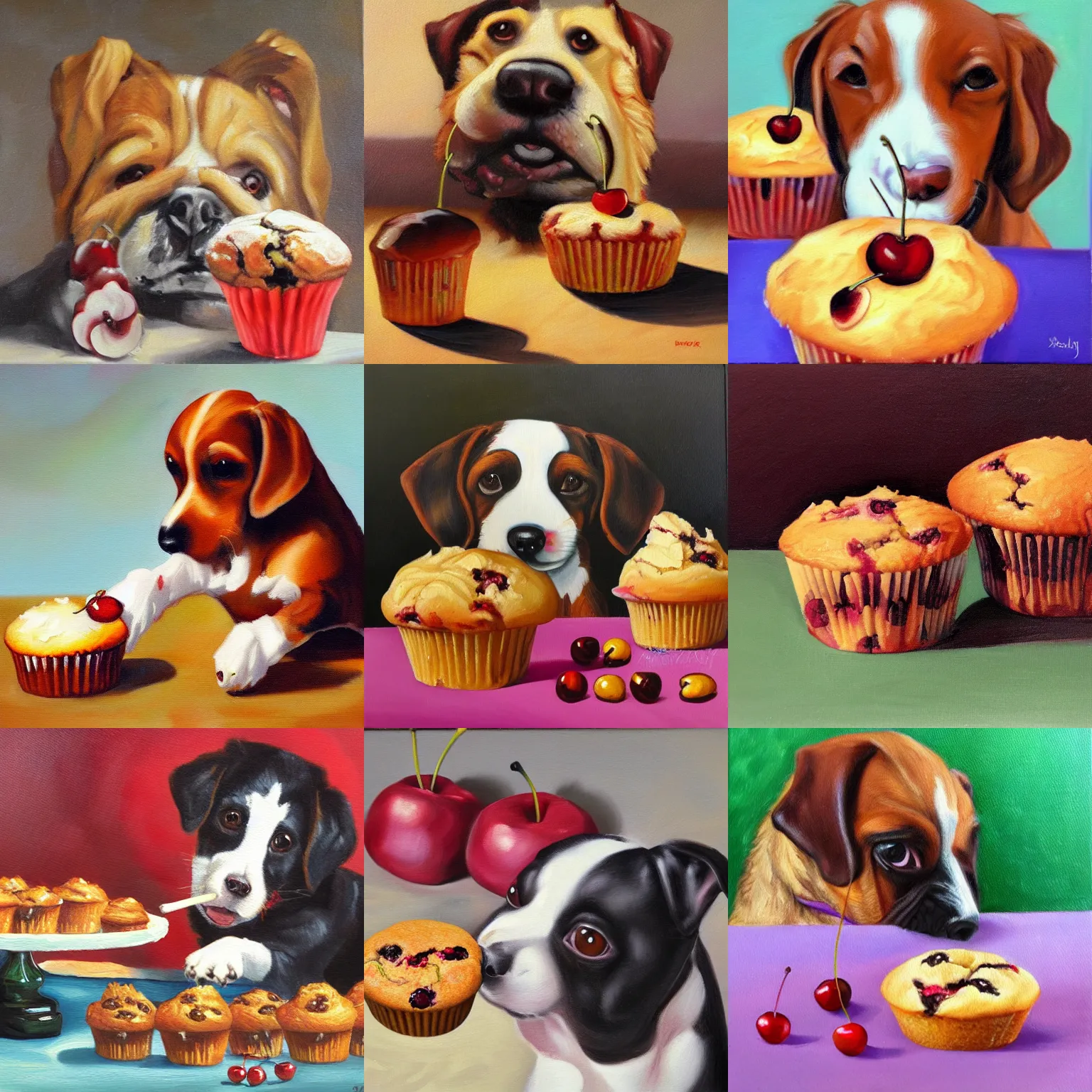 Prompt: a dog eating cherry dog muffins, oil painting