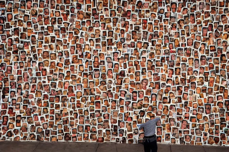 Image similar to a wall covered in hundreds of photos of people holding hotdogs