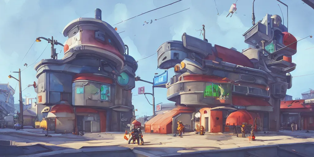 Prompt: overwatch building, stylized, exterior, architecture, in watercolor gouache detailed paintings, insanely detail, artstation, 8 k, futuristic, big medium small, arcane, simon stalenhag, food stall