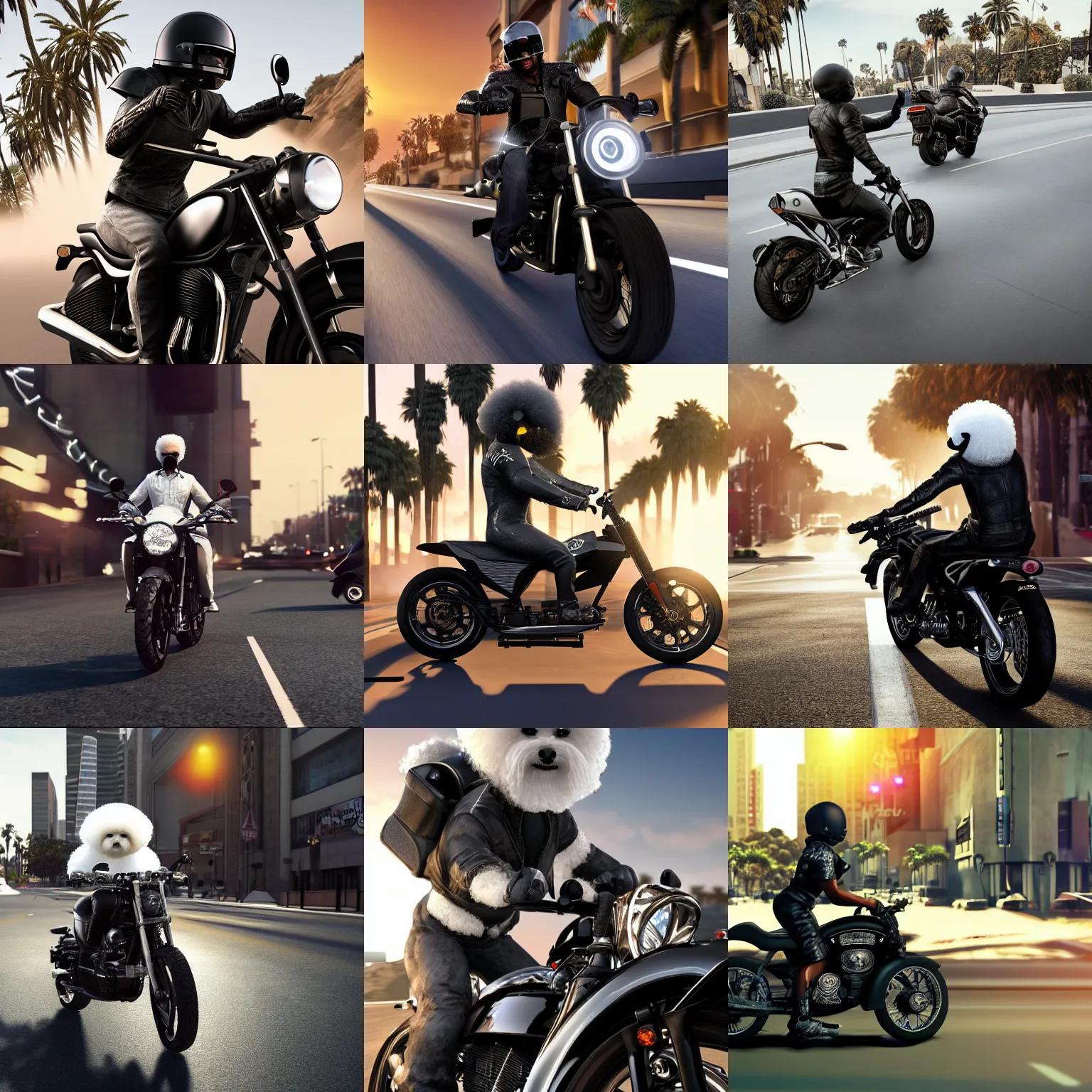 Prompt: a photorealistic image of bichon frise riding a black motorcycle through Hollywood at sundown. This 4K HD image is Trending on Artstation, featured on Behance, well-rendered, extra crisp, features intricate detail and the style of Unreal Engine.