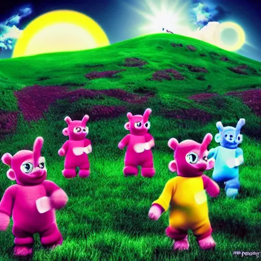 Image similar to photorealistic photo of creepy teletubbies