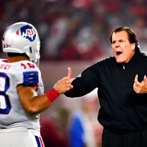 Prompt: Coach Belichick with glowing red eyes yelling at a football player