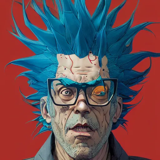 Image similar to 3 0 0 0 rick sanchez portrait soft light by james jean and katsuhiro otomo and erik jones, inspired by akira anime, smooth face feature, intricate high detail, sharp high detail, manga and anime
