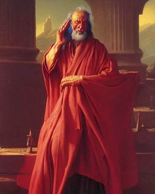 Prompt: A lawful good wizard, he wears robes. Award winning oil painting by Thomas Cole and Wayne Barlowe. Highly detailed