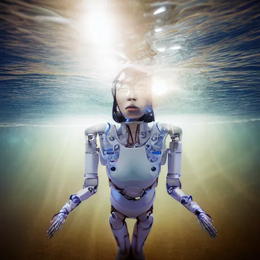 Image similar to beautiful centered fine art photo portrait of hoyeon jung as a solarpunk robotic humanoid treading above water, white mechanical parts with led lights, ultra - realistic and detailed, white background, sun lighting, soft focus, slow exposure hdr 8 k