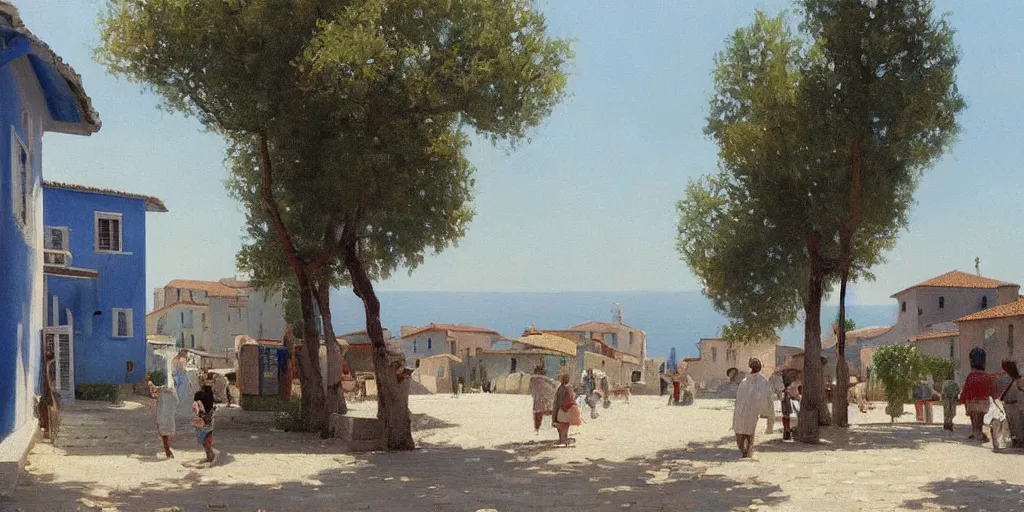Image similar to a beautiful extremely complex painting of a mediterranean fishing village in summer by peter ilsted, whitewashed housed, tall cypress trees, blue shutters on windows, people walking down a street, trending and featured on artstation and behance