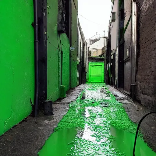 Prompt: a sticky puddle of green luminous goop on the pavement in a back alley
