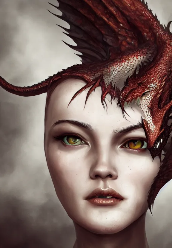 Prompt: The Child of a Beautiful Woman and a Dragon, demigod, beautiful, artstation, character design 4k, 8k, realistic, scales, fangs, girl, woman, detailed, hard, portrait, studio lighting