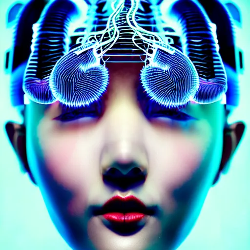 Prompt: half body portrait of an absurdly attractive, graceful, sophisticated, asian cyberpunk mechanoid gravure idol, hyperdetailed illustration by irakli nadar, maria borges, matt wisniewski style, intricate linework, neon jellyfish headdress, carved bone ruff, fine art photography portrait, global illumination, radiant light