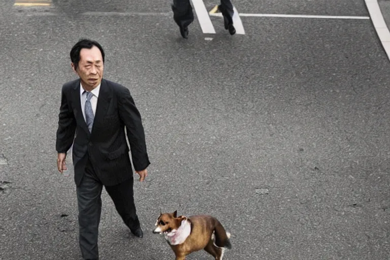 Image similar to cinematography closeup portrait of a Japanese business man carrying his dog running from an explosion in Tokyo by Emmanuel Lubezki