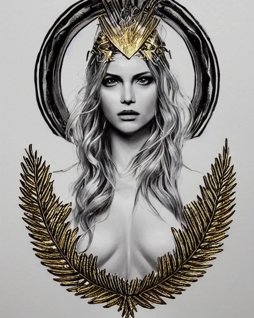 Image similar to tattoo design sketch of hot blonde super model as aphrodite greek goddess wearing a gold laurel wreath and triangle earrings, beautiful piercing gaze with sharp pupils, in the style of greg rutkowski, fantasy, amazing detail, epic, elegant, smooth, sharp focus, front view