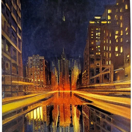 Image similar to photorealistc full - color painting of a broken and distorted mirror reflecting a nightmarish boston downtown skyline in 1 9 2 5 at night with a horrifying sky, aerial view, dark, brooding, night, atmospheric, horror, cosmic, ultra - realistic, smooth, highly detailed by dave dorman