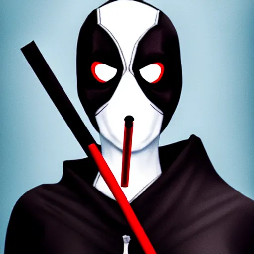 Prompt: portrait of the grim reaper as a woman holding deadpool\'s head with a straw in it, hyperrealistic, concept art, trending on artstation, 8k, cgsociety