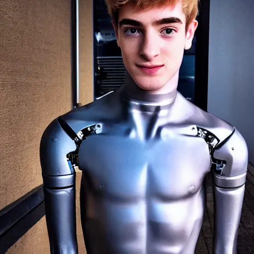 Image similar to “a realistic detailed photo of a guy who is an attractive humanoid who is half robot and half humanoid, who is a male android, twitch streamer and youtuber Ninja Tyler Blevins, shiny skin, posing like a statue, blank stare”