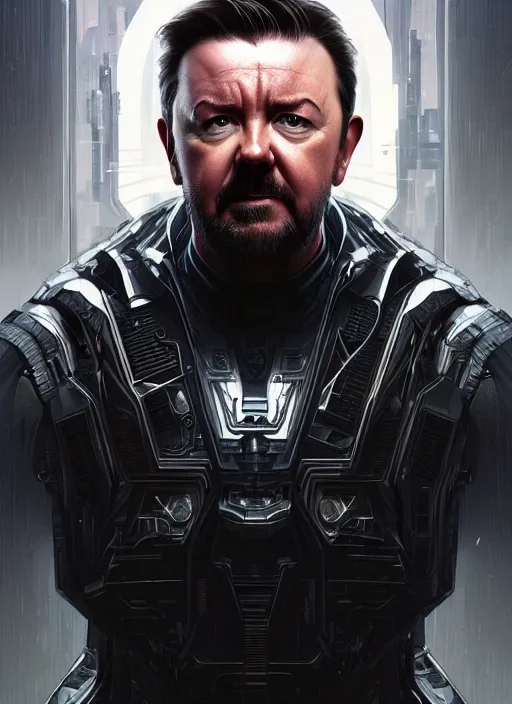 Image similar to portrait of ricky gervais, sci - fi, muscular! cyberpunk, intricate, elegant, highly detailed, digital painting, artstation, concept art, smooth, sharp focus, illustration, art by artgerm and greg rutkowski and alphonse mucha