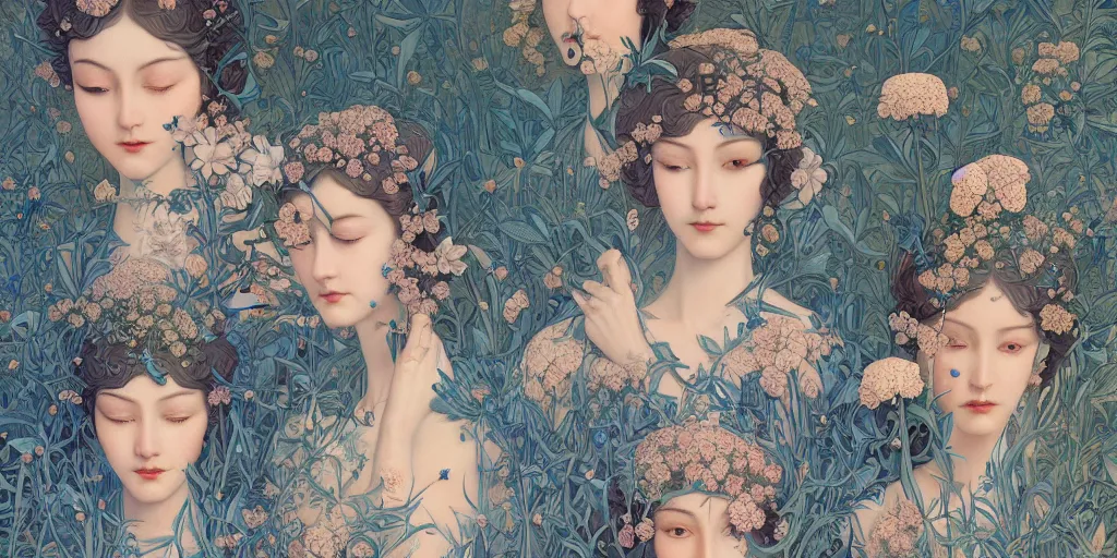 Image similar to breathtaking detailed concept art painting art deco pattern of faces goddesses of nemophila flowers with anxious piercing eyes and blend of flowers and birds, by hsiao - ron cheng and john james audubon, bizarre compositions, exquisite detail, extremely moody lighting, 8 k