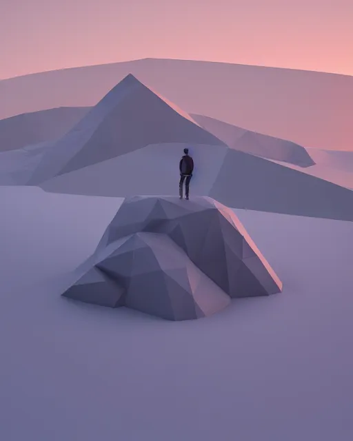 Image similar to a man standing in the middle of a mountain, a low poly render by filip hodas, behance contest winner, environmental art, rendered in cinema 4 d, volumetric lighting, low poly
