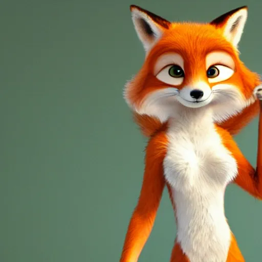 Image similar to anthropomorphic female fox with short white fur covering her body in the style of zootopia